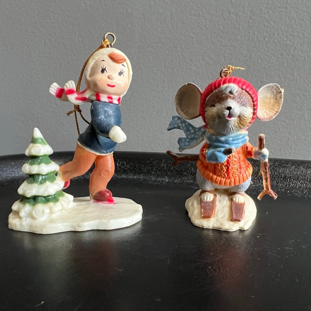 Lot of 2 Vintage Ornaments: Boy Ice Skating and Christmas mouse skiing Plastic